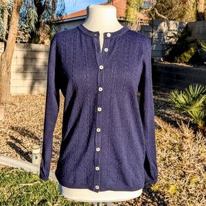 1990s Vintage Anna Gray Womens Small Navy Acrylic Cable Knit Accent Cardigan EUC